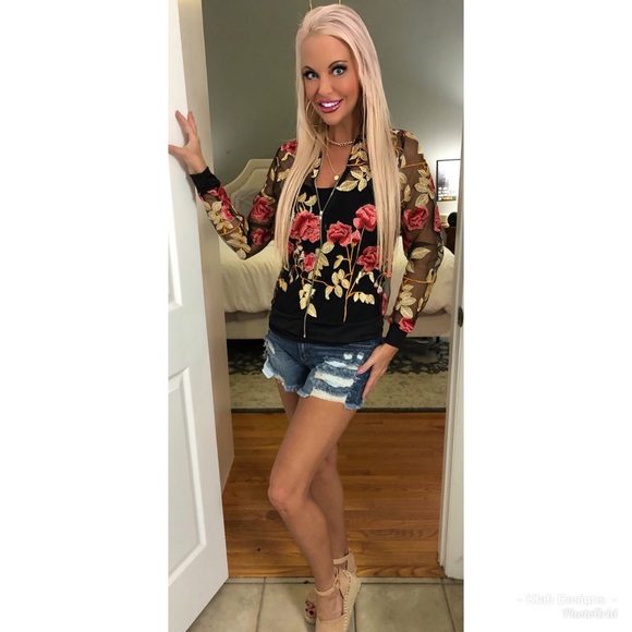 🥰LAST 1! Black Sheer Embroidered Bomber Jacket! - Picture 3 of 3